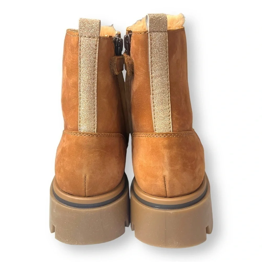 Beberlis Cognac Brown Suede Shearling Lace Up Combat Boots w/ Lug Soles NEW